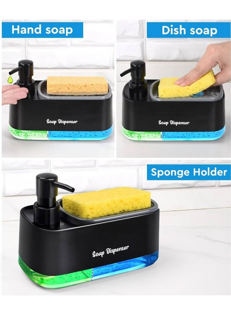 Hand and Dish Soap Dispenser Set for Kitchen, Dual Soap Dispenser with Sponge Holder, 3-in-1 Countertop Soap Pump Dispenser for Kitchen Sink, Useful Kitchen Gadgets - Black - Image 2